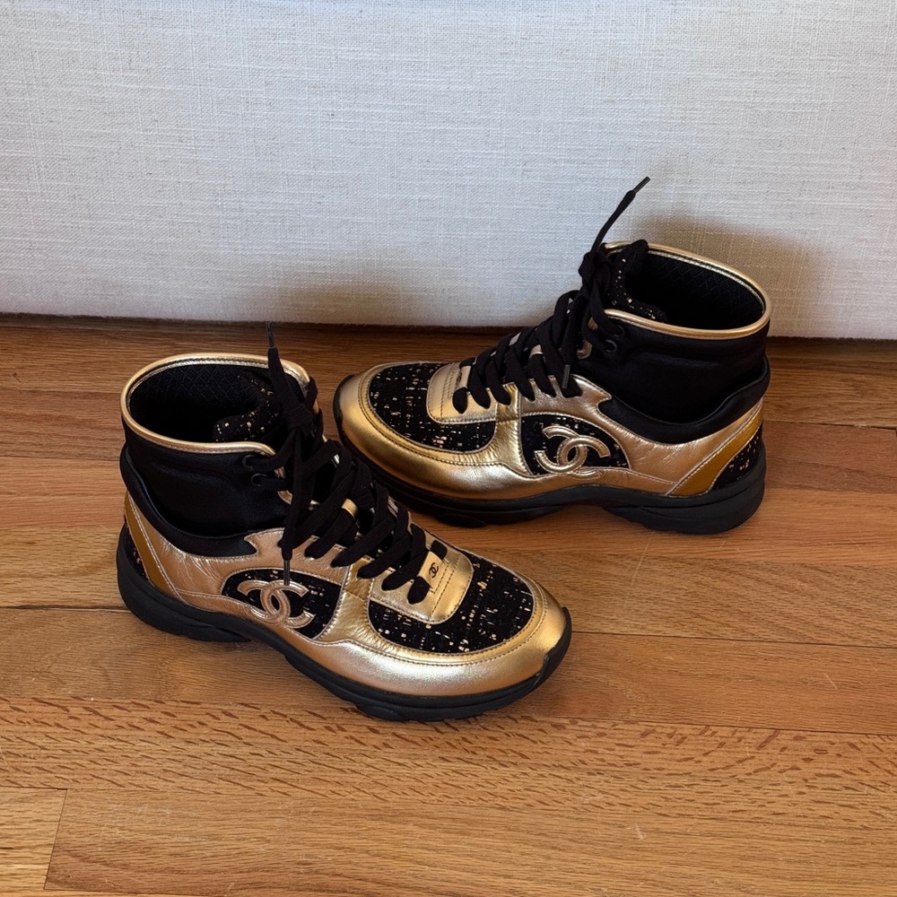 Chanel high top sneakers black and‎ gold with tweed Size 36 1/2